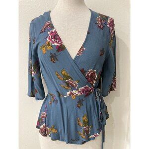 Illa Illa Floral blue wrap top small New Cottagecore Peasant Hippie Bohemian